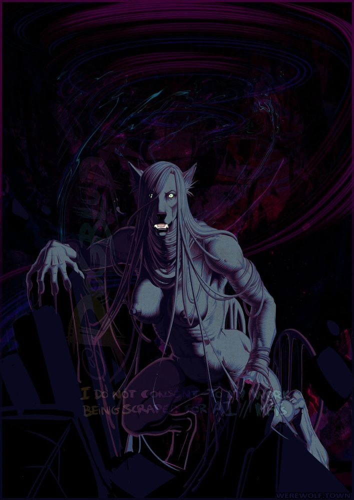 A dark grey furless werewolf with hair like liquid perched on a ruined hill in a desolate eldritch wasteland, looking hungrily out into the distance. 