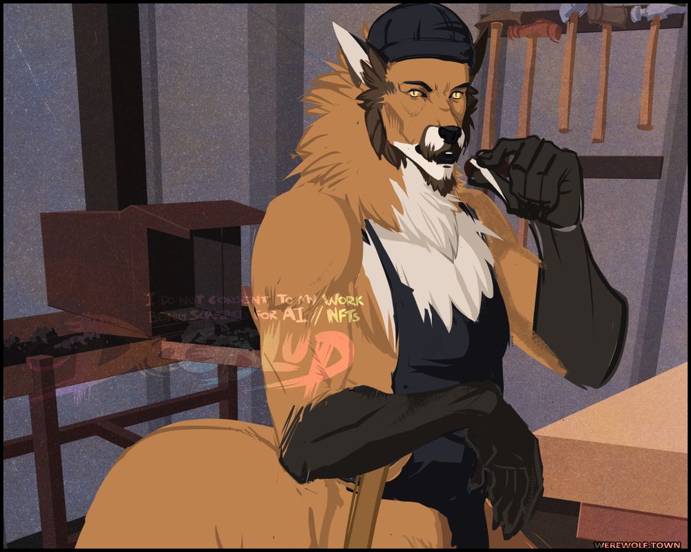 An anthro fox in a blacksmith shop