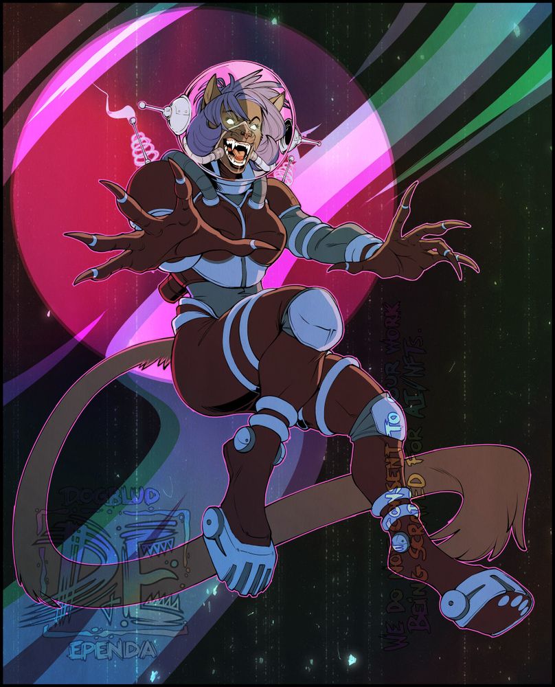 A dark-furred cat woman in a space suit. She has her hands extended like she's puppeting something, but her eyes and the antenna on her shoulder suggest something else is going on.