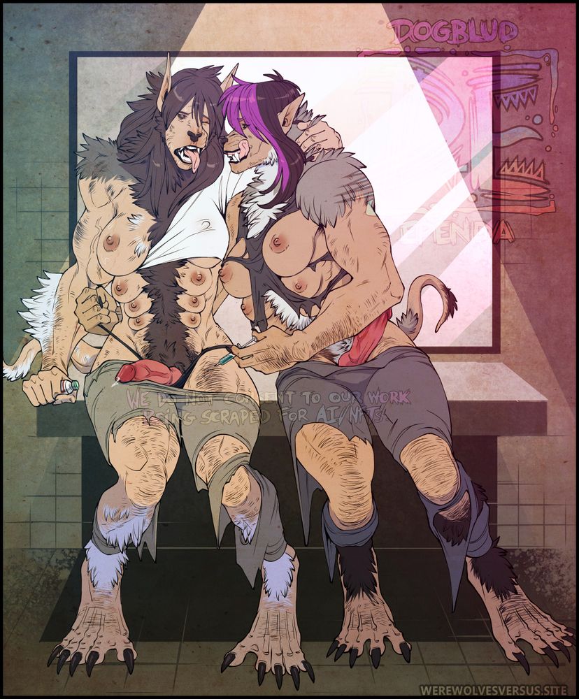 Two lady werewolves, visibly aroused, one (Krissy, right) injecting the other (Dee, left) with a hormone shot while Dee pants and shudders her way through an intense transformation.
