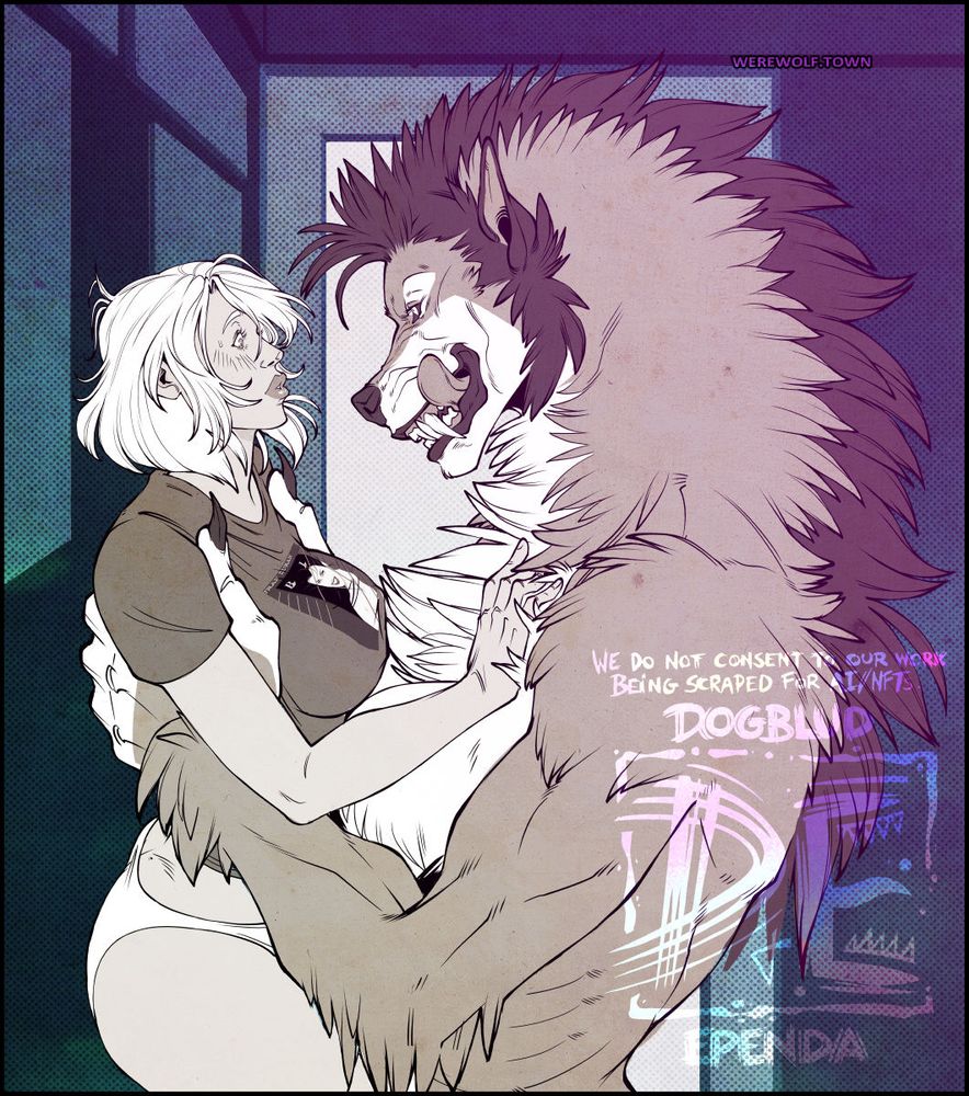 A white woman (and vampire, Lana) held up against a wall by a large grey-and-black furred werewolf (Almiras) licking her chops. Lana is wearing a Duran Duran Rio shirt.