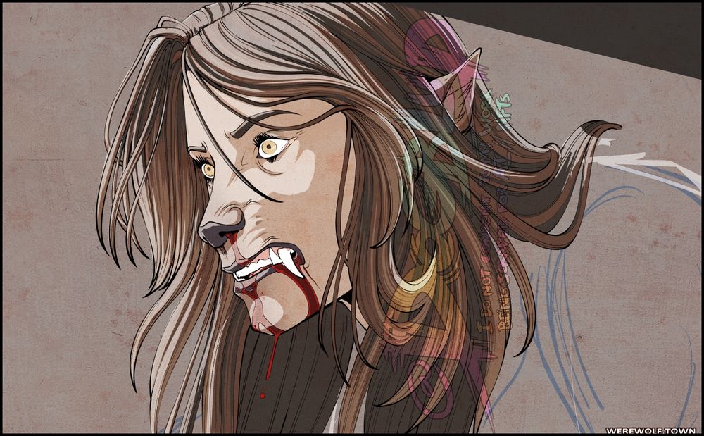 A closeup of a white Italian-American woman (Nina) transforming into a werewolf.