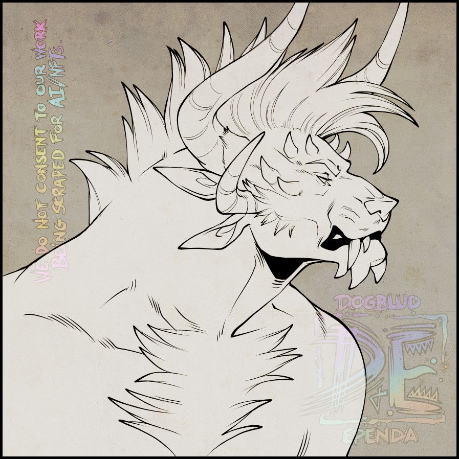 Inked headshot of a cat beast with four horns, four ears, and a bad attitude.