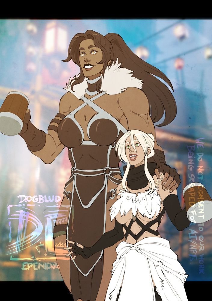 Guild Wars 2 fanart of a norn (Lacey) standing beside her much smaller human girlfriend (Phoebe) at the Labyrinthine Cliffs, colorful lanterns and other decor strung up in the background behind them.