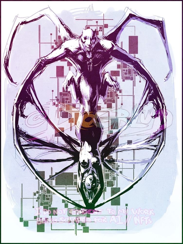 Two humanoids with catlike features bound together with flesh and bone. The more visibly monstrous of the two looks to have caught and partly consumed the other.