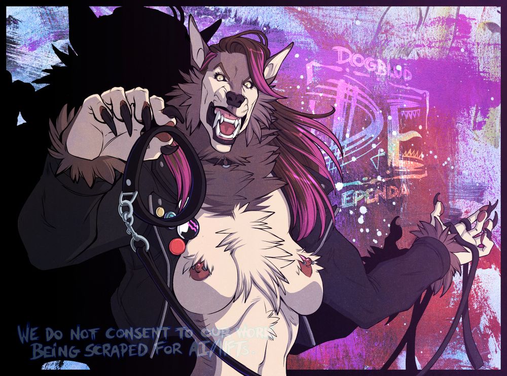 A female werewolf with long pink-streaked hair wearing a leather jacket and a wicked snarl on her face holds up a collar as if to suggest the viewer ought to consider wearing it. And by 'consider' we mean 'just put it on already.'