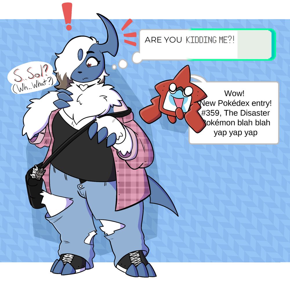 In this image, the human is now adopting a LOT of absol traits, most of her original colour having been pushed out in favour of her absol ones, her clothes tearing and unable to fit her as they droop down over her.
"S.. Sol?" (Wh...What?) She's found saying, a thought bubble over her head transitioning from a more standard font to a Pokemon Emerald text box appears saying "ARE YOU KIDDING ME"
Rotom smugly puts its flaps on its sides as it proclaims "Wow! New Pokedex entry #359, the Disaster pokemon blah blah yap yap yap"