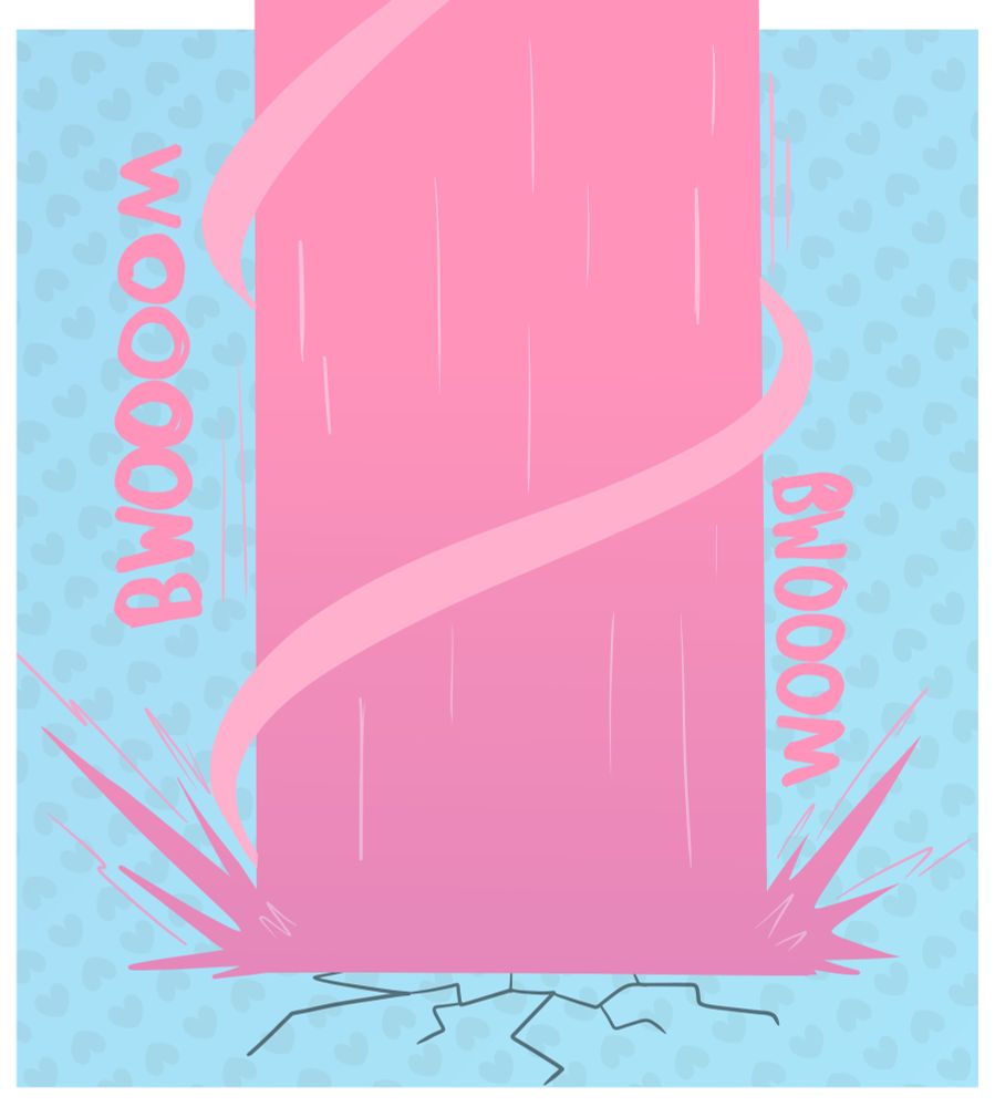 A giant pink laser beams down from the top of the frame, cracking the floor as big BWOOOOOOOOOM effects beam at the sides.