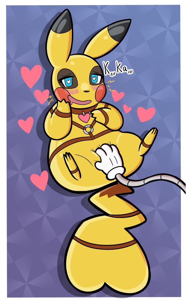 A rubbermon pikachu clearly very flustered as its cheeks spark in delight, drooling a little from the mouth as its crotch is pressed and squished into by a robotic gloved hand.