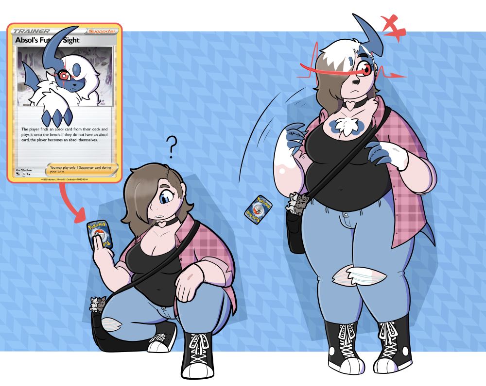 In the first image of the sequence, a human wearing a flannel shirt crouches down, inspecting a card labelled "Absol's future sight", a question mark floating up above her head.

Soon after, she looks to her left as if she sensed something, dropping the previously mentioned card as transformation begins to settle in, a horn sprouting out of her head and the colour of her hair becoming a white that spread down the length of it. White begins to spread from her hands, her fingers becoming sharper and blue as her middle ring fingers begin to fuse into one.

