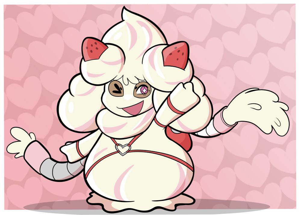 A rubbermon alcremie, arm raised up with a tube following a similar motion from behind, spawning cream from it. 