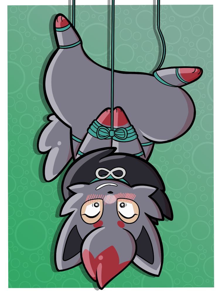 A very flustered rubbermon zorua as it finds itself bound by a bunch of ropes, one leg pulling against the looser rope pulling on one of its legs.