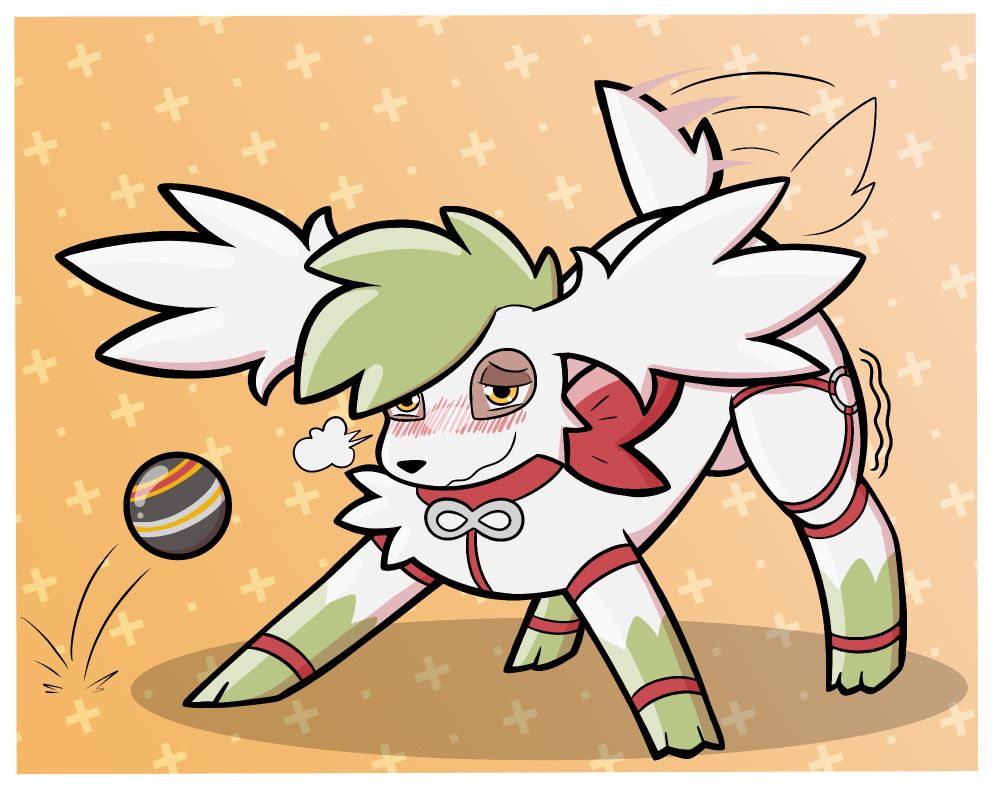 A rubbermon shaymin, down on all fours and huffing at their predicament, legs quivering in excitement as their tail wags away like crazy, a luxury ball bouncing towards them.
