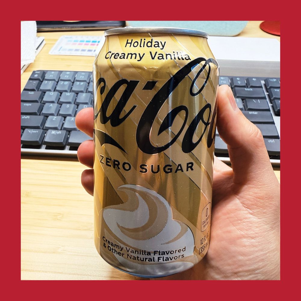 A can of Holiday Creamy Vanilla Coke Zero