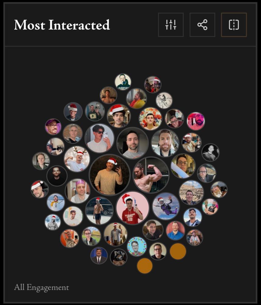 Bubble chart visualization showing accounts interacted with, sized by total interactions across all engagement types in 2025. Top interacted accounts: @ohnonotgenagen.bsky.social, @1t2ls.bsky.social, @sondheimslut.bsky.social, @dgschell.bsky.social, @kidandthecity.bsky.social (from Anisota's Annual Bluesky Harvest)