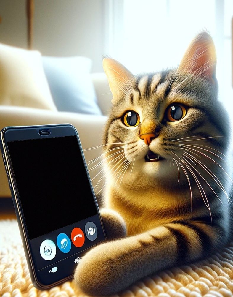 AI generated filter-picture from Snapchat showing a not-so-natural looking cat holding a phone with very badly looking Skype style icons and molten speaker. In background, one can see what seems to be a perfectly servicable part of a living room, with a coach, two pillows, a wall, a stick, which could be a part of standing lamp, and bright light coming from what could be a window. The cat and the phone are on a rug.