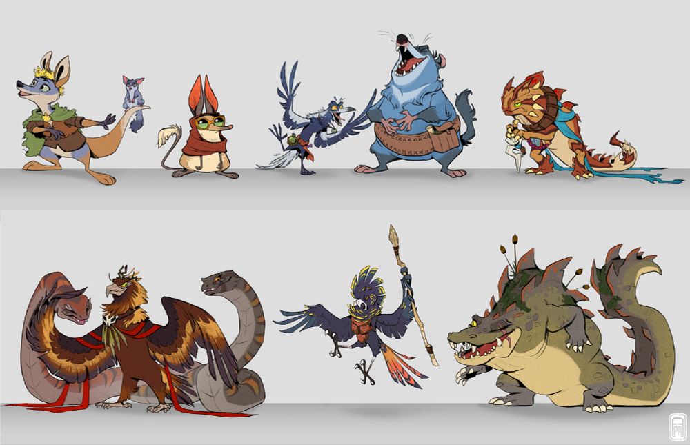 Lineup of character designs based off various Australian animals (rock wallaby, bilby, magpie, Tasmanian devil, thorny devil, wedge-tailed eagle, red-tailed black cockatoo, saltwater crocodile)