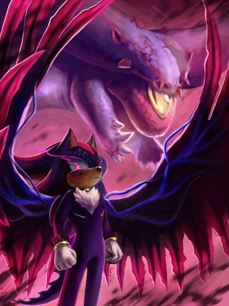 A painting of Shadow the Hedgehog and Devil Doom on a reddish background. Shadow is drawn with more alien features and his Doom Wings. He has a confident stance and is glaring down the viewer with glowing eyes. His wings are raised and frame Devil Doom's head who is in the background.