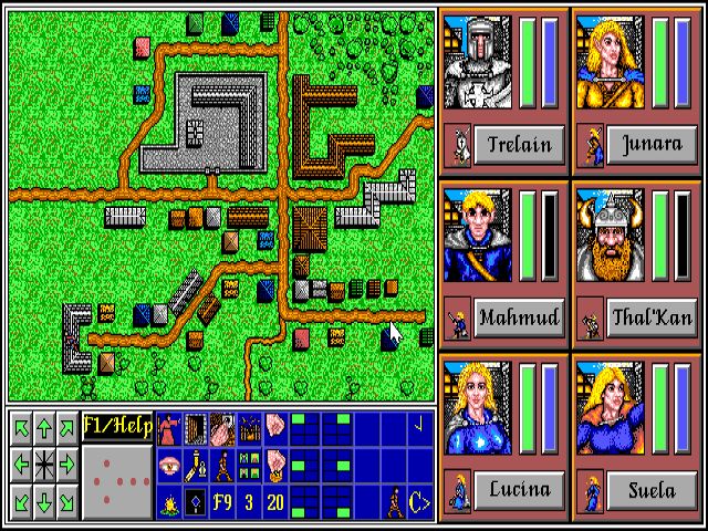 A top-down RPG. To left, a depiction of a village. To right, headshots and statistics for party members Trelain, Junara, Mahmud, Thal'Kan, Lucina, and Suela, all of which are some combination of blue, yellow, and grey. Bottom left are the movement buttons and a Help button. Bottom center are various controls.