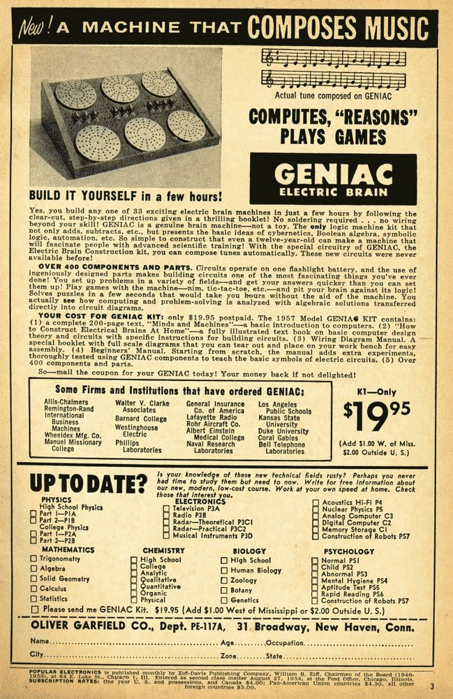 An ad from a 1957 issue of Popular Electronics magazine. Up top, the title: "New! A machine that COMPOSES MUSIC!" To the top left, an image of the "Geniac Electric Brain," a masonite board with a set of six ceramic dials in which electronic components may be mounted; these dials are turned for input and the connections underneath serve as the analog "timer" of sorts; the side has a series of four lights, the machine's output. To the top right, an image of a tune created by the Geniac. Below, dense type promotes the machine ("Yes, you can build any one of 33 electric brain machines!" "Over 400 components and parts!" "Your cost for GENIAC kit: Only $19.95 postpaid" (roughly $200 today). A sidebar lists institutions that have purchased GENIACs (including IBM, Bell, and Westinghouse); at the bottom is an ordering sheet for the Oliver Garfield Co., plus options to show interest in various other scientific fields.