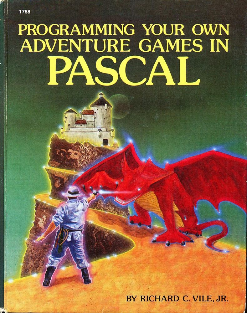 The cover to "Programming Your Own Adventure Games in Pascal" by Richard C. Vile, Jr.  In the distance, a castle appears.  In the mid-ground, a red dragon blocks the path to the castle; nearby, an Indiana Jones-type character shoots at the attacking dragon.