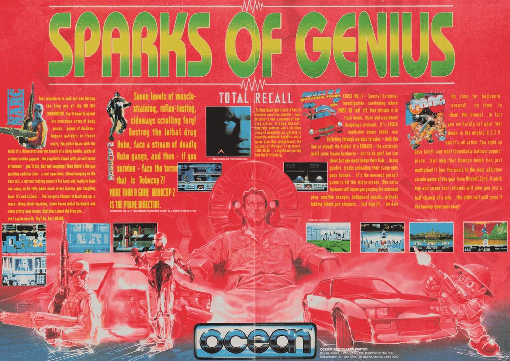 A red ad, showing five games. The title is "Sparks of Genius." Game 1 is NARC ("Your mission is to seek out and destroy the king pin of the MR BIG Corporation); screenshots show a beat-em-up and a guy on a walkie-talkie. Game 2 is Robocop 2 ("Seven levels of muscle-straining, reflex-testing, sideways scrolling fury!); screenshots show a sidescrolling stage and robocop firing up. Game 3 is Total Recall ("As Doug Quaid you travel to Mars to discover your true identity..."); a poster and images of a platforming section and an elevator section appear. Game 4 is Chase HQ 2 ("Special Criminal Investigation - continuing where Chase HQ left off..."); screens show a racing game in a foggy cityscape in skyscrapers, and a helicopter chase in a dirtier city at nighttime. Game 5 is Pang ("No time for balloonin' around!"); screenshots show a UK palace and a mountain range, both of which have a tiny guy in a safari hat shooting up at bubbles. At bottom, the OCEAN logo.