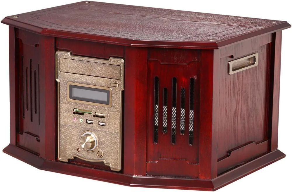 The nMediaPC HTPC8000, a pizzabox case made of red-finished wood with faux brass details and faceplate.  The console design is taken from vintage radios (including an analog volume knob next to the standard set of USB ports); the motherboard lies down on the bottom, the drive enclosures are up top, the two huge vertical grills allow deep airflow, and it looks like it was meant to go on top of your grandma's 35" CRT