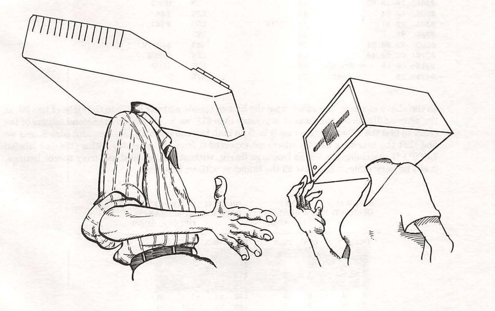 Two people talk to each other. A man, in a striped polo, with an Apple II for a head. A woman, in a blouse, with a Disk II disk drive. They're using their hands animatedly. Illustration drawn by Martin Cannon.