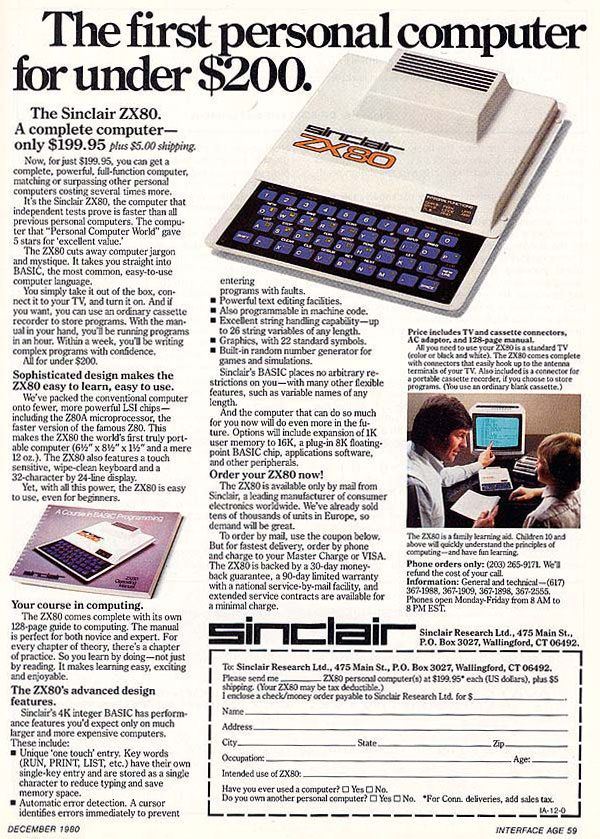 A dense, dense ad. Top right, the ZX80 itself, with small body and integrated chiclit keyboard. Left, a spiral bound book, "A Course in BASIC Programming, also featuring the ZX80. Right, an adult teaching a child to use the ZX80. Bottom right, an order form to purchase the ZX80 with a mail-in coupon.
