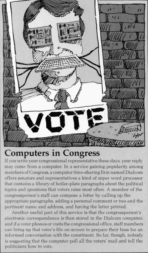 Up top, a drawing of a poster a politician, eyes covered by PCBs and mouth filled with a keyboard, posted on a brick wall, behind a trash can. Beneath, the title: "Computers in Congress" The article follows.