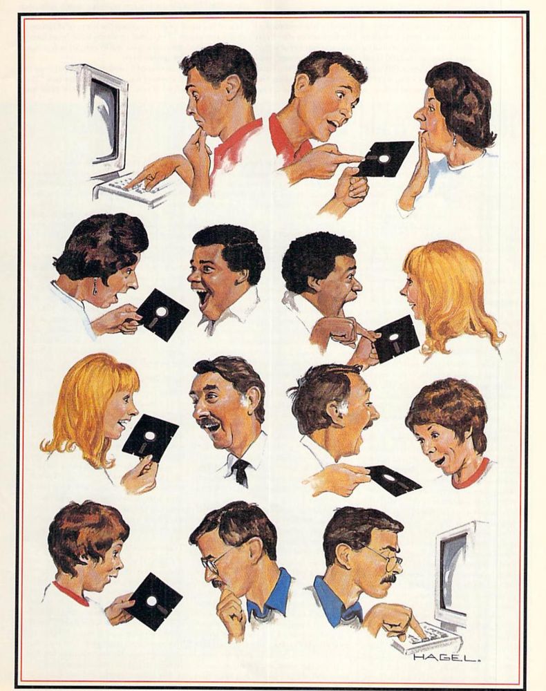 Recalling Norman Rockwell's "The Gossips," a slew of computer users share a disc made by a user, each user sharing it with someone else until it ends up in a new machine, beginning the story anew. Artist: Mike Hagel, RUN Magazine Mar/Apr 1991
