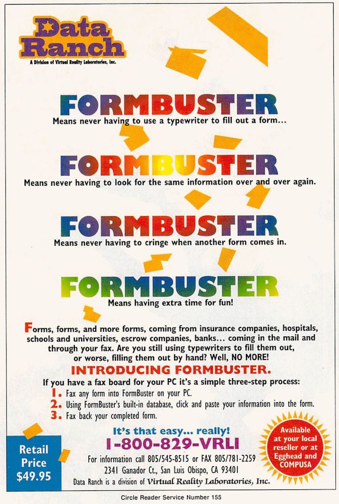 Top left, the 'Data Ranch (A Division of Virtual Reality Laboratories, Inc.' logo appears, purple ranch-style lettering with a sherrif's star in the middle of the D on a gold background. The title appears in heavy block font in rainbow gradient, with different subtitles in black and white: "FORMBUSTER (Means never having to use a typewriter to fill out a form...) FORMBUSTER (Means never having to look for the same information over and over again.) FORMBUSTER (Means never having to cringe when another form comes in.) FORMBUSTER (Means having extra time for fun!) Dense text below describes use cases ("insurance companies, hospitals, schools and universities, escrow companies, banks..."), technical requirements ("fax board for your PC"), and ordering information ("Retail price $49.95" says one box; "Available at your local reseller or at Egghead and COMPUSA")