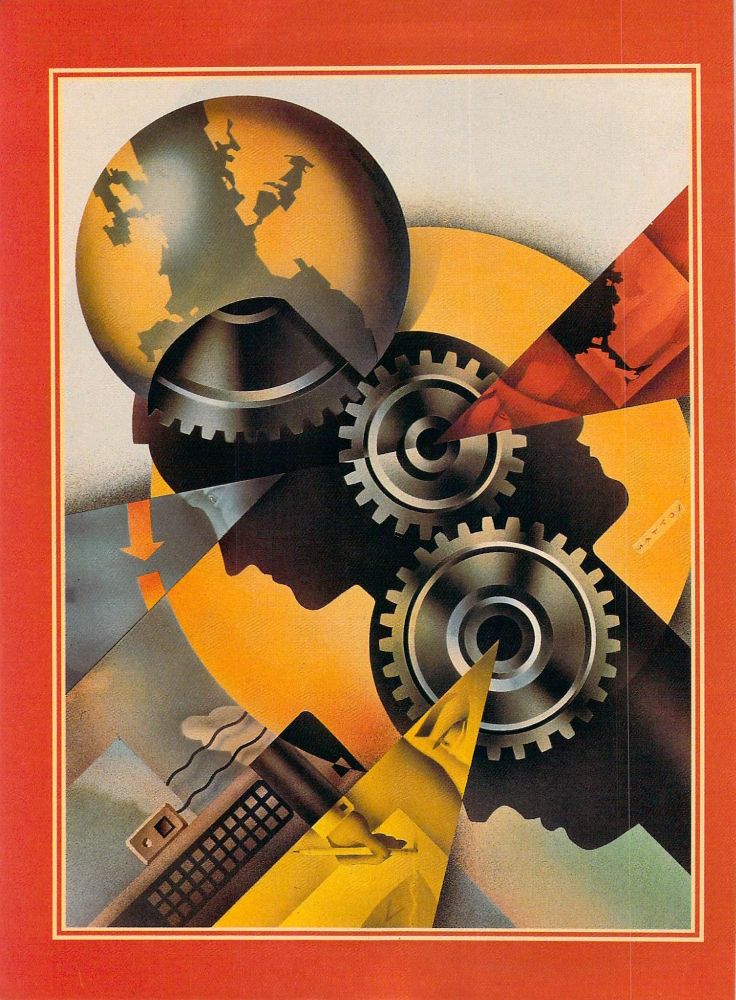 A complex piece by John Matteos, in an Art Deco take on the Cyberpunk Classic style.  In a red frame, three silhouetted heads (each with gears, interlocking between the three heads) are superimposed over a gold CD; a globe is superimposed over all three.  The top head is facing left; his gear is driving the globe.  Where he peers left, he 'scans', his human eyes revealed as his grey view looks over the curvature of the CD.  The middle head is facing right; where she peers, her human eyes revealed as her red view looks over a painting of a tree.  The bottom head is facing left; where he looks, his yellow view superimposes a keyboard and mouse, but in his view, it is revealed to be a human hand.