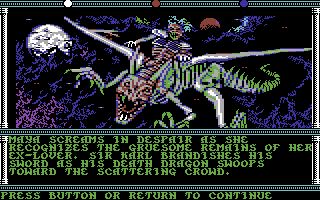 In a landscape screenshot, the top shows a rotting knight flying on a skeletal dragon, with red eyes watching the attacking knight from the night sky. The text reads: "Maya screams in despair as she recognizes the gruesome remains of her ex-lover. Sir Karl brandishes his sword as his death dragon swoops towards the scattering crowd. Press button or return to continue."