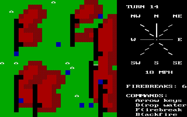 Screen top right, "TURN 14"; below that, a compass indicating the wind is blowing to the north at 18mph. Below that, "FIREBREAKS: 6"; below that "COMMANDS: Arrow Keys D(rop water F(irebreak B(ackfire". Screen left, the 25x25 grid that represents the forest; a few lakes in blue are dotted about, but much of the screen is covered in red of varying depths. The black vertical liens indicate the user used firebreaks to keep the fires from heading west, but with the wind now blowing to the north, the fire is starting to spread north of the firebreaks. It's not certain how the user will be able to protect the homes in the center and the homes at risk to the left in the same few turns, indicating the sort of stress this game that is essentially a turn-based cellular automata put you through.