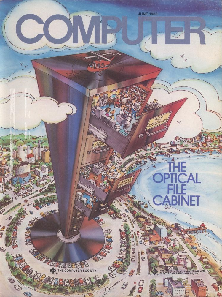 The cover from the June 1988 issue of Computer Magazine (the IEEE trade magazine) is a watercolor painting with possible digital touchups, showcasing the CD as an office building to indicate its use in business computing. Up top, the logo 'Computer' fills the cloudy sky. The bulk of the image is a idyllic city on a bay (get it? drive bay?). Cover left is the CD Tower (the parking lot and traffic cirlce around the base forms the "CD Drive"), which reflects the huge filing cabinet on top that forms the "Skyscraper" the parking lot surrounds. Individual cabinets in the skyscraper-cabinet are labelled things like Version Histories, File Archiving, Data Logging, and various cabinets are open to reveal the "workers" working in the "skyscraper" keeping books, working on easels, typing on fan-fold typewriters, and otherwise engaging in the world of business circa 1988. Cover right, the bay of the faux town has the headline story: "The Optical File Cabinet." Cover by Jay Simpson.