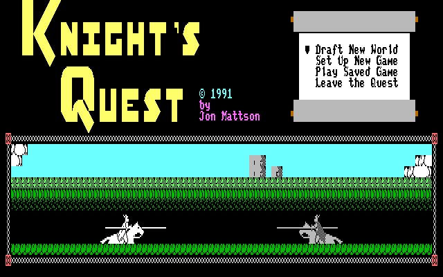 The title screen for a Commodore 64 game. The title in yellow block characters reads: KNIGHT'S QUEST. The options, on a grey scroll, are: Draft New World, Set Up New Game, Play Saved Game, Leave The Quest. Down below, two knights charge each other, with a castle and mountain in the distance.