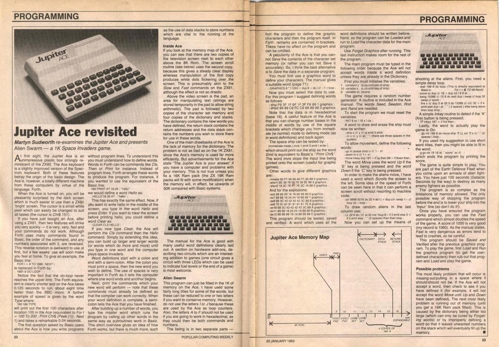 From Popular Computing Weekly for 20 Jan 1983, the article "Juipter Ace revisited." Three images (all of the Ace) fill up space, while an extremely commented article gives the listing for a Galaga knockoff, 'Alien Swarm' - then reveals the 35-line program is 'as complex as the limitations of memory allowed'.
