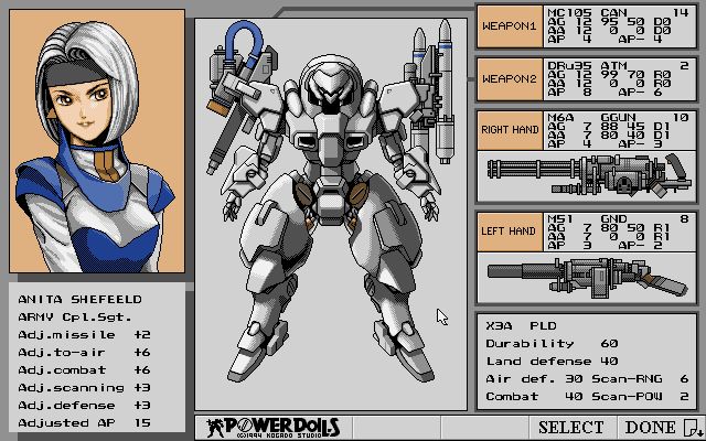 A mecha equipment screen. Image top left, a picture of the pilot, wearing a grey jumpsuit and blue accents, gold earrings, a black headband, and a white bob cut. Bottom left her name and rank (Anita Shefeeld (sic), ARMY Cpl.Sgt.) and her scores (such as "Adj. to-air +6" and "Adjusted AP 15"). Cneter is the robot itself, deliberately evocative of the design of a late 80s to early 90s jet, with a 'canopy' style helmet and two large 'jet' intakes; a railgun of some type is on its right shoulder, and a missile pack on its left shoulder. The right hand column shows the current equipment in dense type; the two hand slots show silhouettes of the weapons. The bottom right gives stats for the X3A mecha as a whole (such as "Durability 60, Land defense 40"); the bar at the very bottom has the game logo (POWERDOLLS 1994 Kogado Studio) and the options 'Select' and 'Done'.