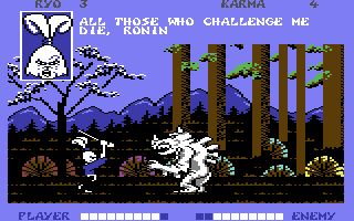 In the center of the screen, a rabbit samurai raises his sword and prepares to attack a rhinoceros in a forest; snowy mountains are in the background.  Up top, we see the samurai's face contorted into anger, while the rhino says:  "All those who challenge me die, ronin..."  The corners of the screen give the player's money (3 ryo), Karma (4), the Player's health (9/10), and the enemy's health (8/10).