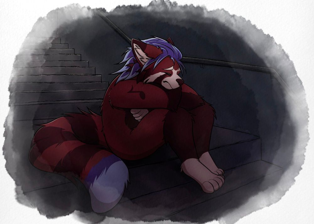My sona, Red, sitting on a stair landing, tail close to his side with his arms crossed clutching his sides, frowning with his eyes shut tight as a tear starts to run down his cheek. The piece has a white border with a water color texture 