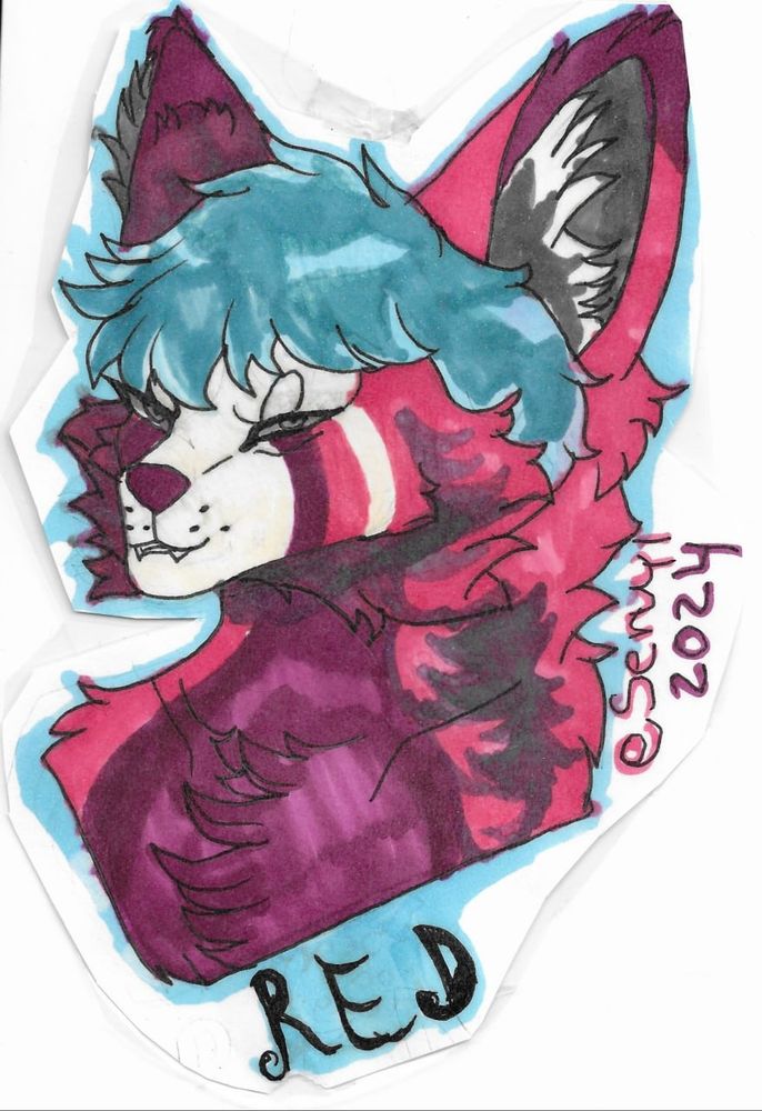 3/4 bust side view of Red as a badge signed by the artist. Red is a red panda with blue hair, green eyes, and brown check with a white patch in the center
