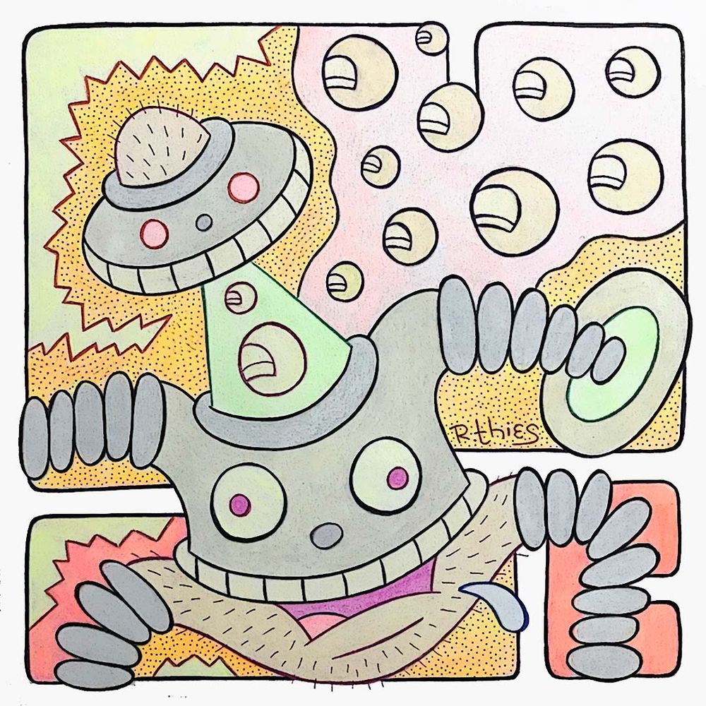 'Wackadoo Fuzzbot' - An original, abstract comic-style cartoon art piece by artist, R. THIES. Created in 2019, with ink & colored pencils on crescent board. The central figure is an abstracted robot with an exposed 'hairy brain,' and bluelight eyeballs. The robot's head resembles a UFO. Underneath its teeth, is a green tractor beam that forms the robot's neck. Inside the beam are two 'toe balls,' one is small and purple, the other is bigger, and flesh-colored. The neck beam connects to the collar and torso of the robot. The robot has tube-like legs and arms. Its left arm has a blue light halo encircling the end of it. Around the robot's head are electric, lightning bolt talk bubbles that indicate a communication of some kind, but there is no text or symbols inside the electric bubbles. Located on the robot's chest plate are two wild eyes, with red pupils, and a purple clown nose. Below the clown nose are teeth and a mouth that forms the face of a wacky-looking character. To the right of the robot's head, in the upper right corner of the image, are more 'toe balls' in different colors, surrounded by a glowing ether.
