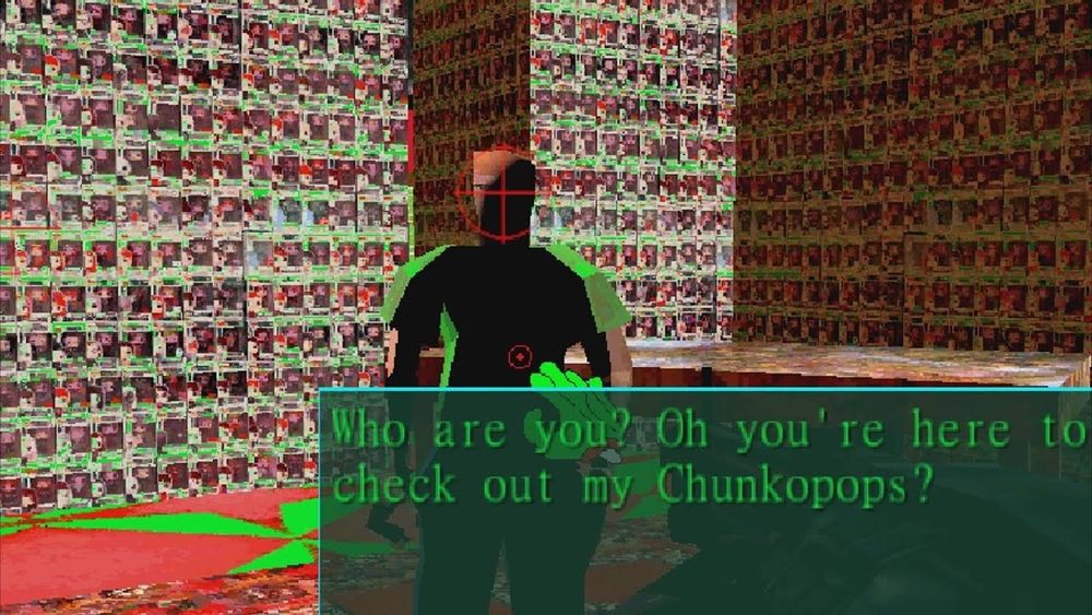 A low poly man stands in front of a garrishly colored room lined with "Chunkopops™" from the game Cruelty Squad. 