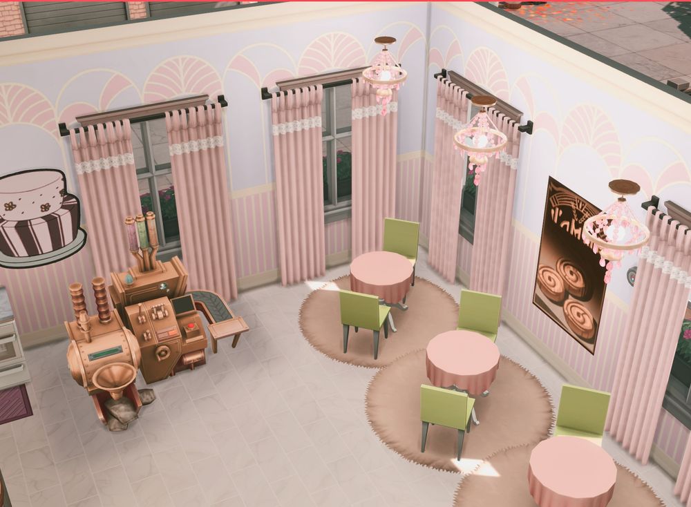 Pretty in Pastry interior - shows the cupcake machine, and three small cafe tables where people can enjoy items they've purchased or items they'd like to sample.