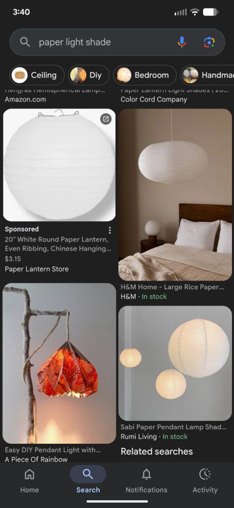 A google search screenshot of Japanese paper lanterns 
