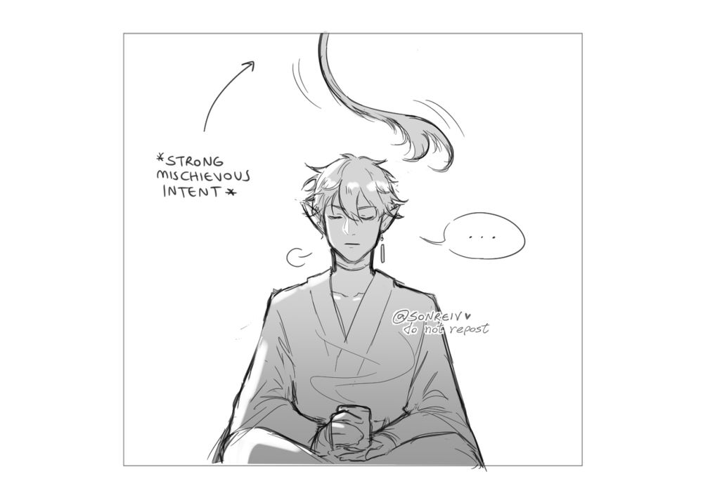 Weifeng sits in a poised, calm manner, holding a cup of tea. A long tail hangs from above, swaying with strong mischievous intent. Weifeng sighs, slightly displeased.