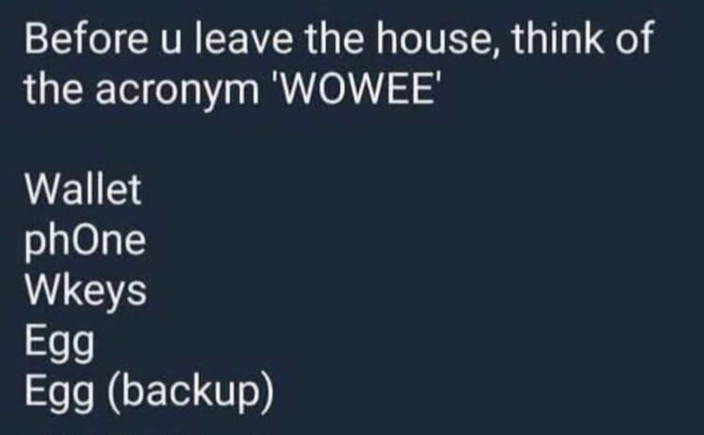 Before u leave the house, think of the acronym 'WOWEE'

Wallet
phOne
Wkeys
Egg
Egg (backup)