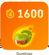 語学アプリ「duolingo」のアイコン。オレンジ色のグラデーションの背景に右上から左下へ向け黄緑色の鳥が火の玉になってビューンと飛んでる絵柄。