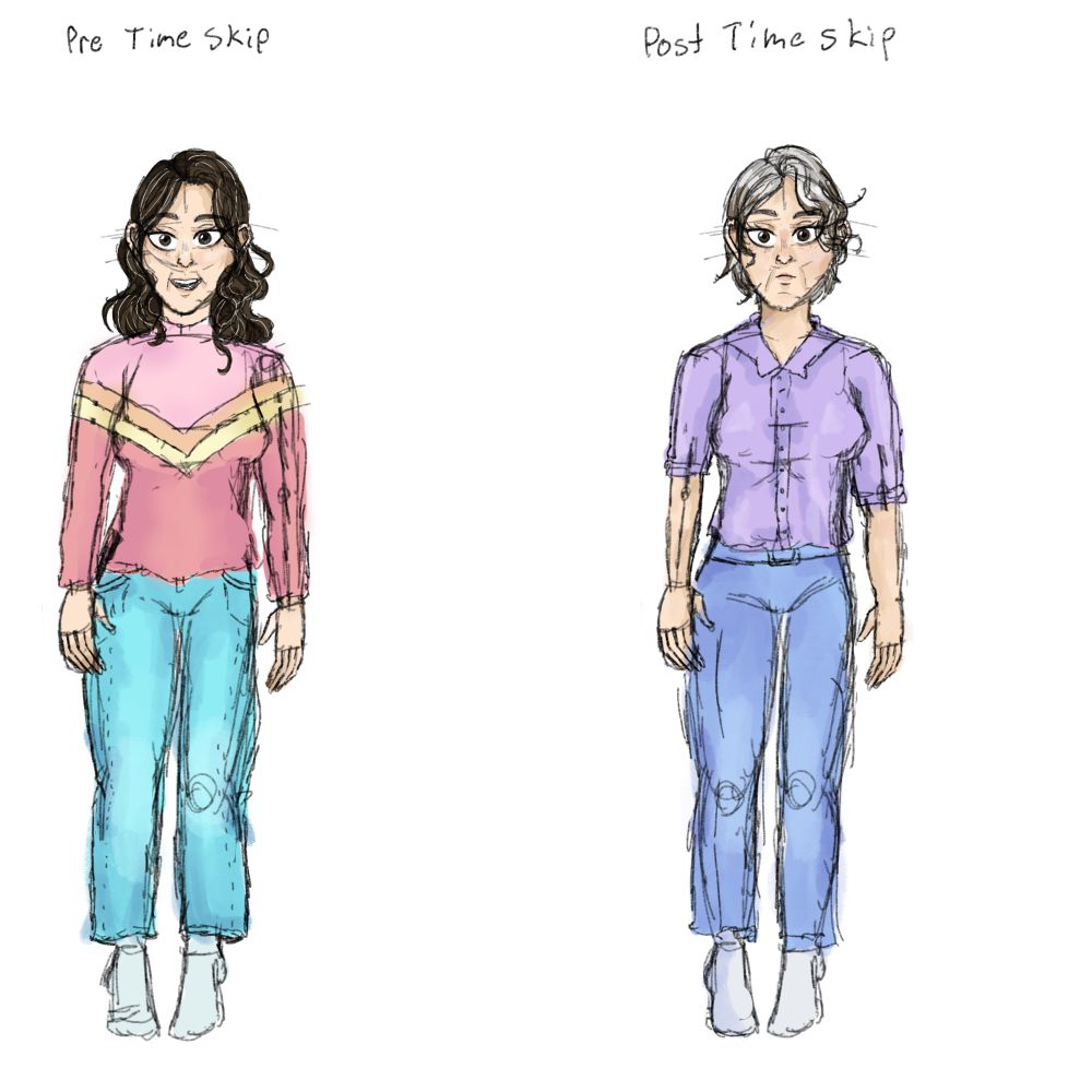 Character design of the main characters mother. One drawing of her is pre time skip. The next drawing is of the same woman 15 years later.